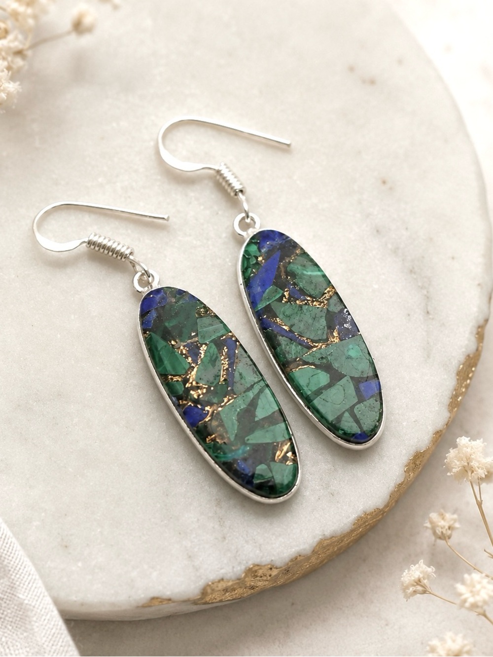 Copper Lapis Lazuli In Malachite 1.8” Drop Dangle Sterling Silver Earrings